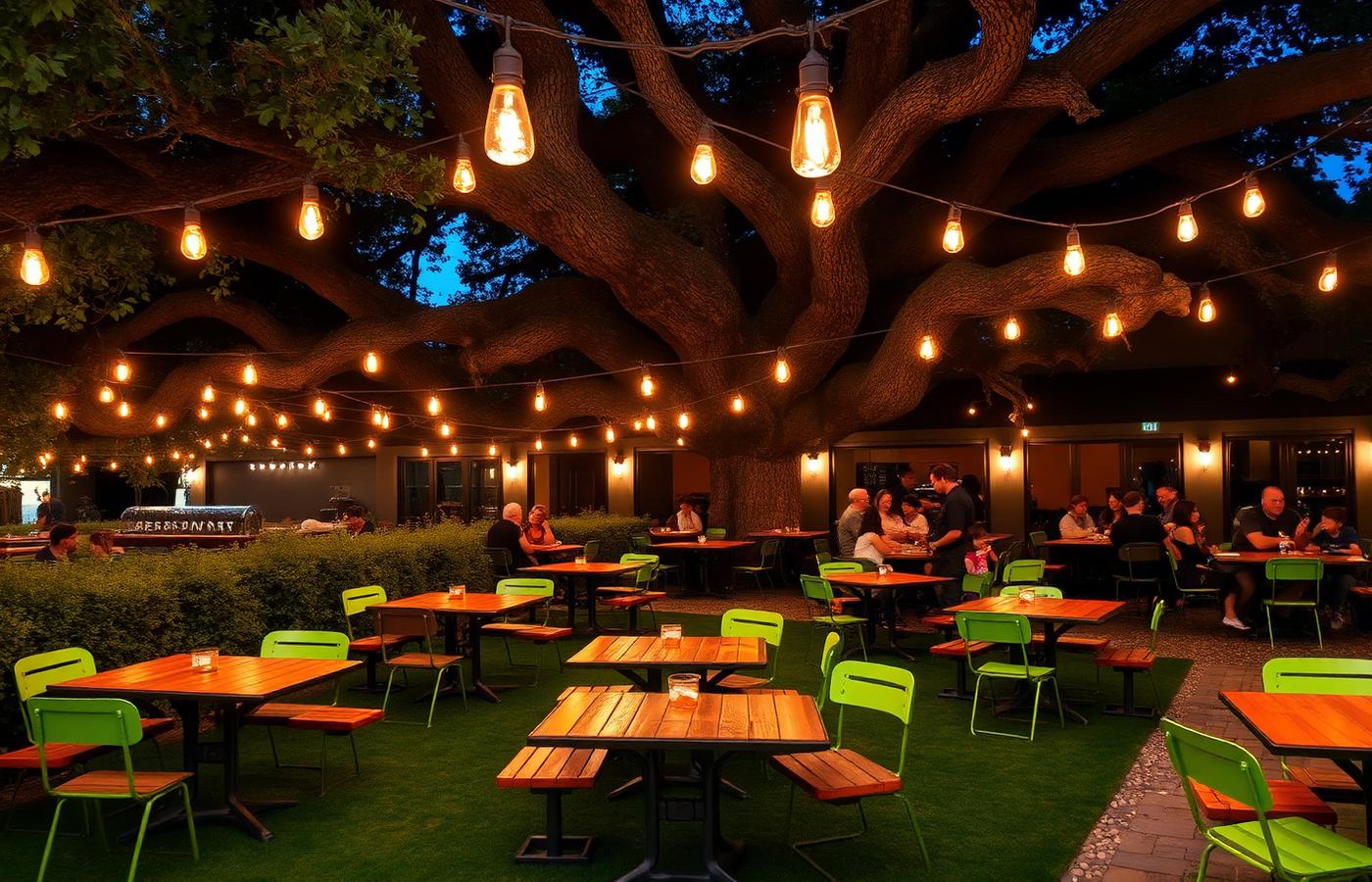 Open-sky outdoor patio with dim string lights and orange and yellow picnic tables