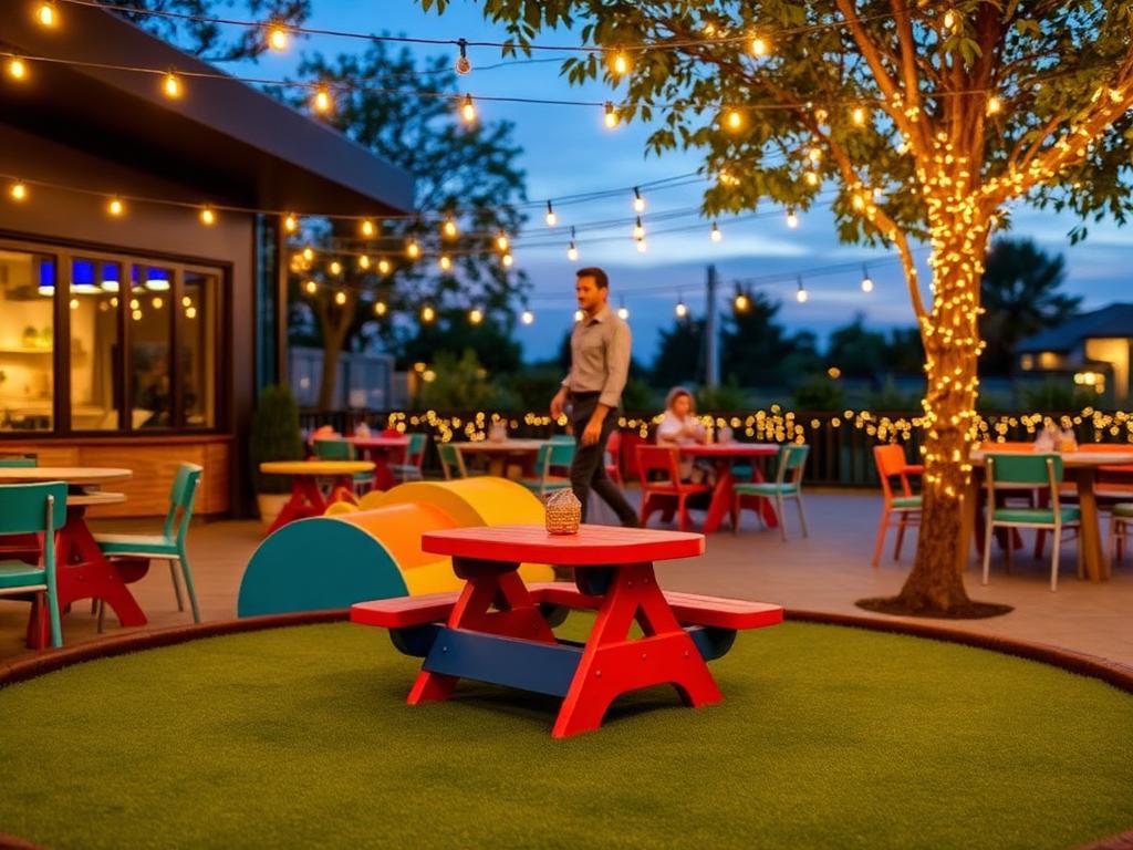 Kids playing in the FOMO Tampa outdoor play zone at sunset with string lights and picnic tables