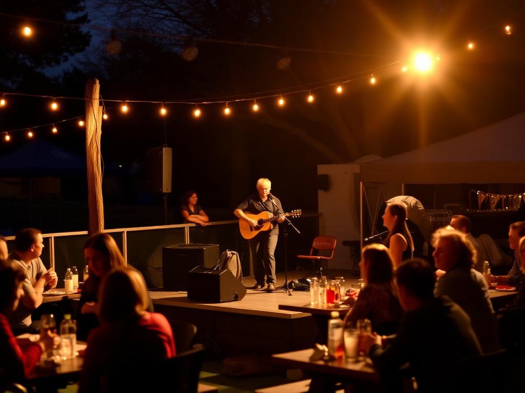 FOMO Tampa outdoor lounge at night with neon lime, burnt orange and charcoal palette, music night setup